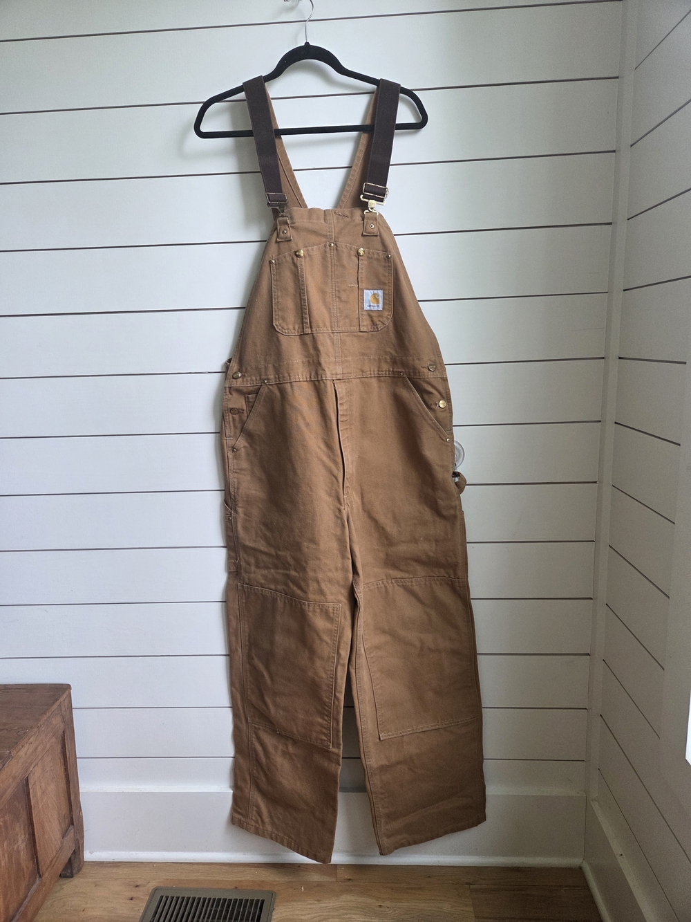 Carhartt Brown Tan Duck Canvas Overalls with Dark Brown Straps